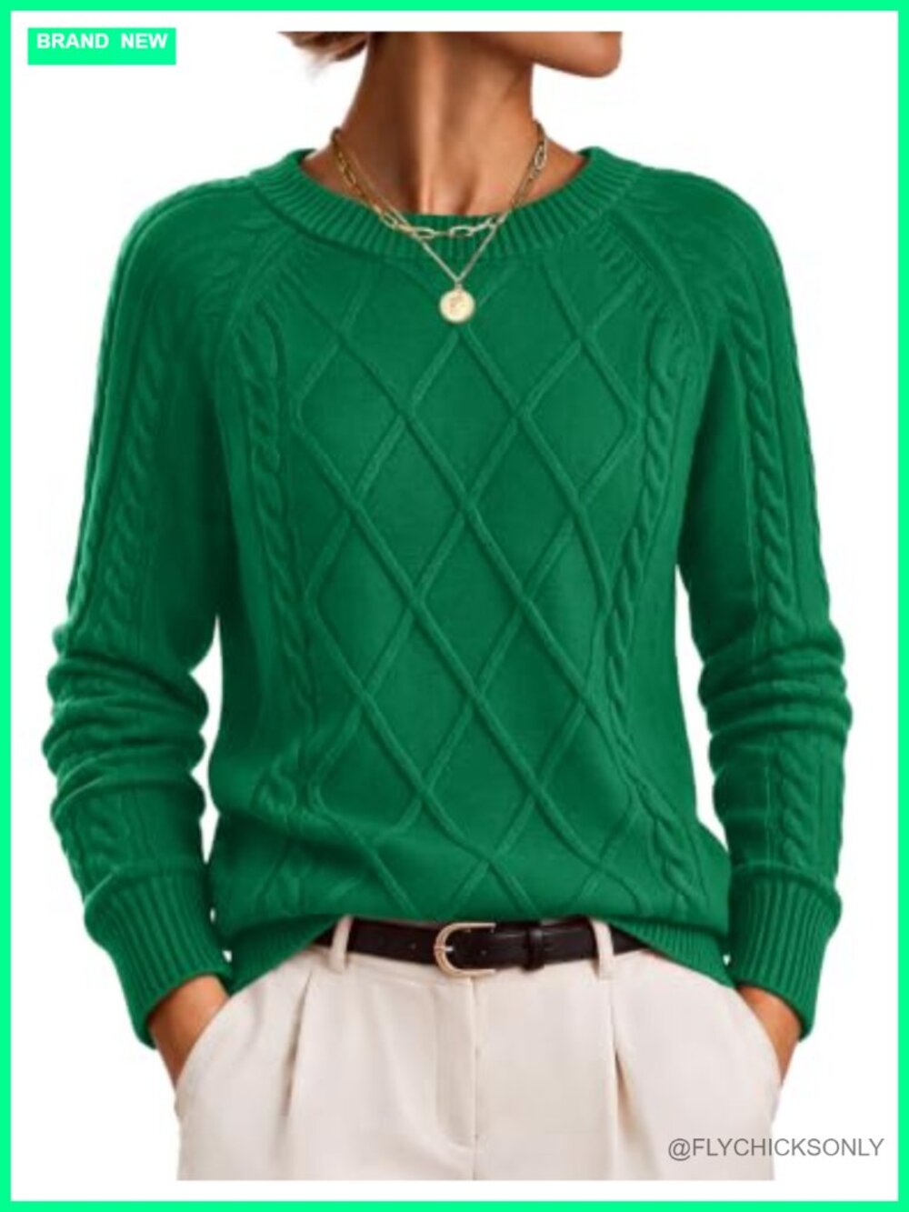 Women's Cable Knit Crew Neck Long Sleeve Pullover Sweater